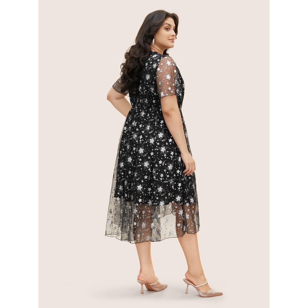 Plus Size Glitter Star Mesh Patchwork Ruffle Sleeve Dress Black Women Resort Gathered Overlap Collar Short sleeve Curvy BloomChic 26/4X Product Image