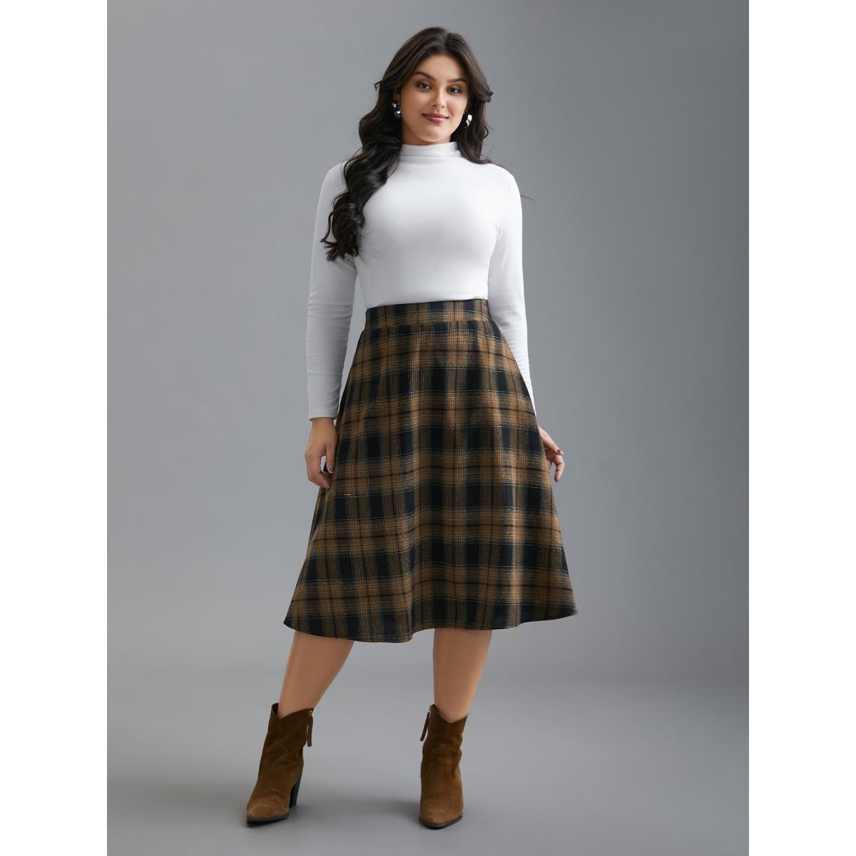 Plus Size Plaid Elastic Waist Slant Pocket Skirt Women Yellowishbrown Elegant No stretch Slanted pocket Everyday Skirts BloomChic 14-16/1X Product Image