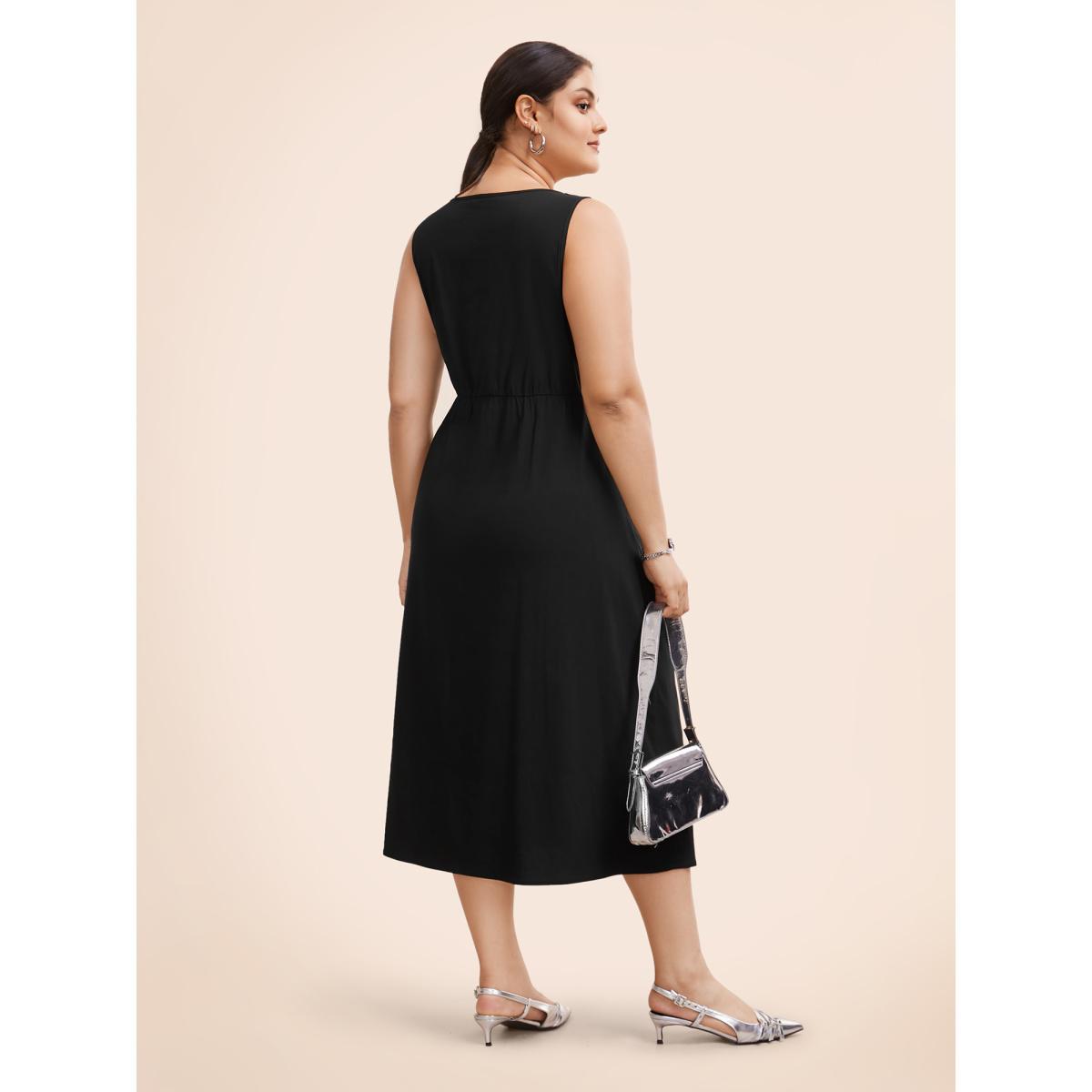 Plus Size Stretch Woven Pleated Flare Vest Midi Dress Black Women At the Office Gathered Square Neck Sleeveless Curvy BloomChic 28/5X Product Image