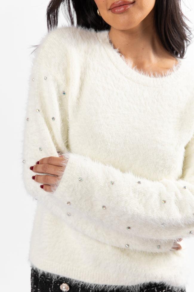 All That Glitters Rhinestone Sleeve Ivory Fuzzy Sweater FINAL SALE Product Image