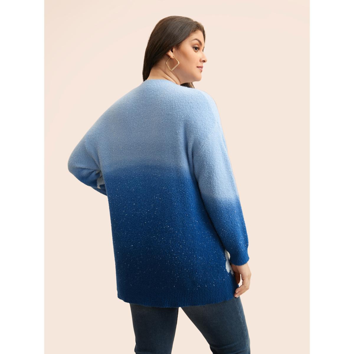 Plus Size Floral Jacquard Ombre Drop Shoulder Pullover Indigo Women Casual Long Sleeve Round Neck Everyday Pullovers BloomChic 10/M Product Image