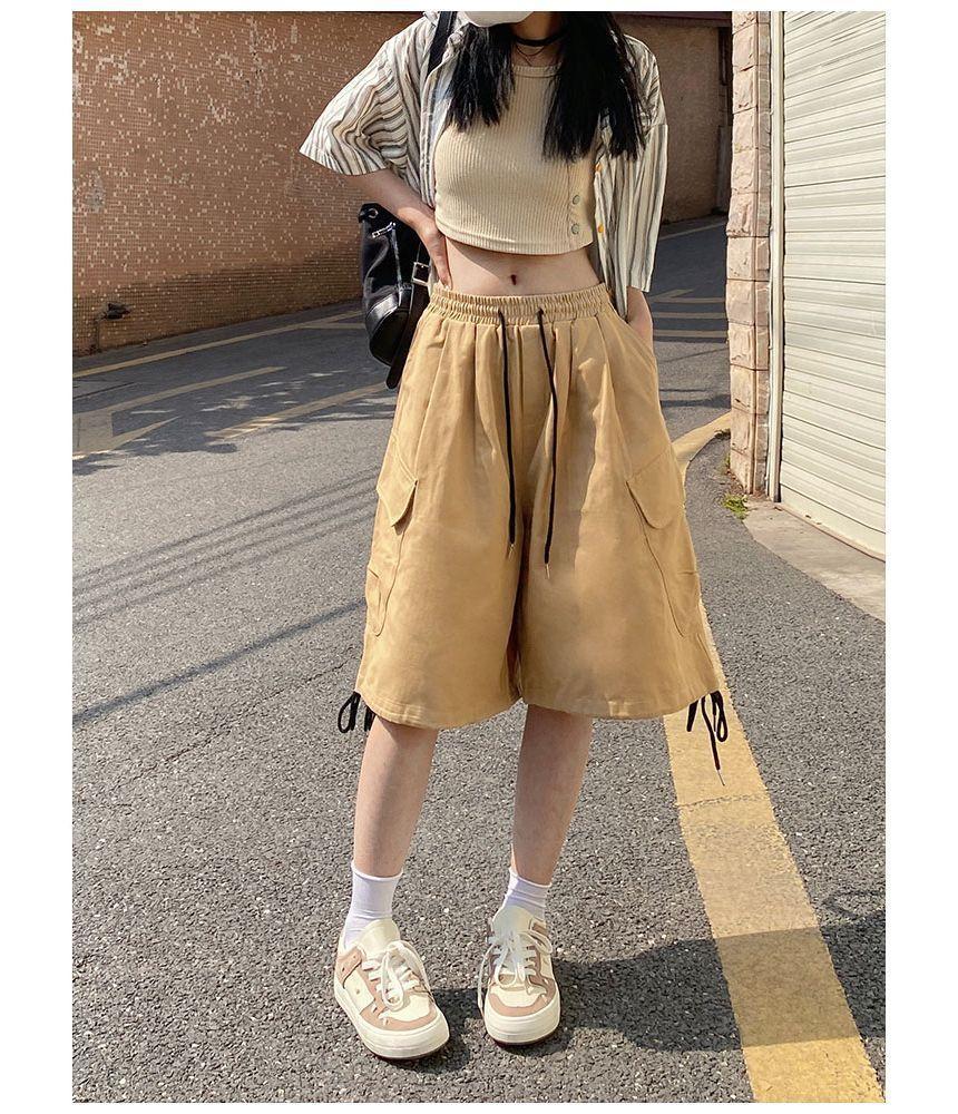 Drawstring Waist Plain Cargo Shorts Product Image