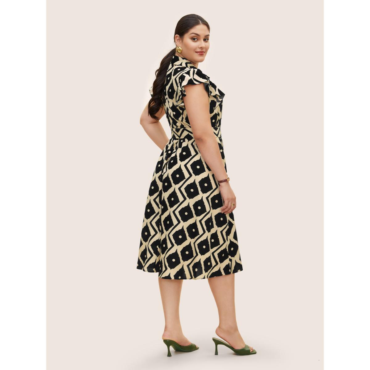 Plus Size Shirt Collar Geometric Ruffle Cap Sleeve Dress Black Women At the Office Belted Shirt collar Cap Sleeve Curvy BloomChic 26/4X Product Image