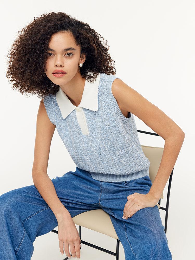 Contrast Collar Women Knit Polo Tank Top Product Image