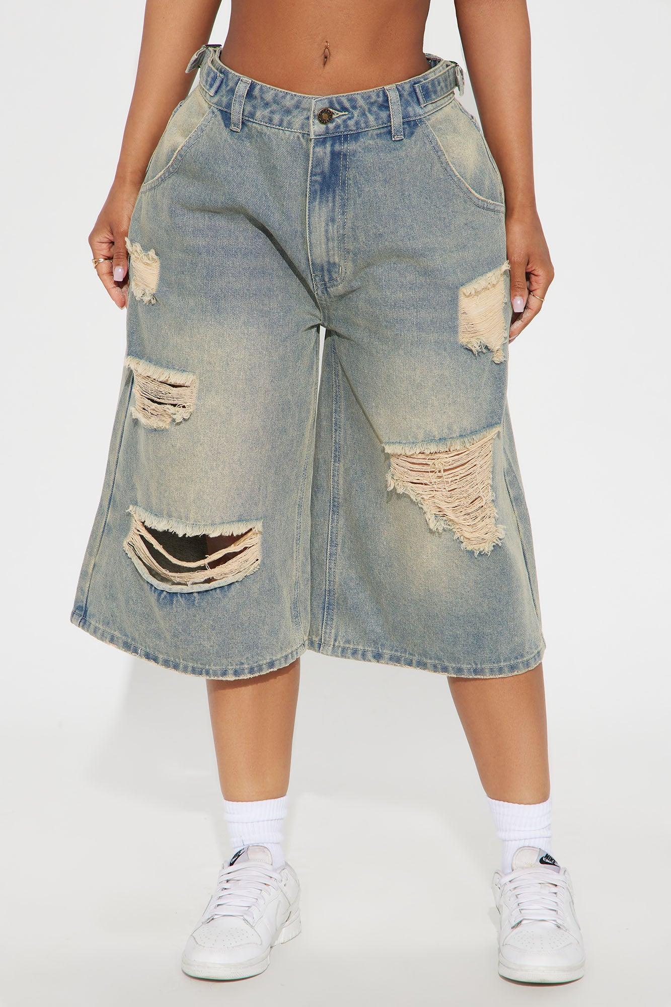 Big Deal Destructed Waistband Tabs Denim Jorts - Vintage Wash Product Image