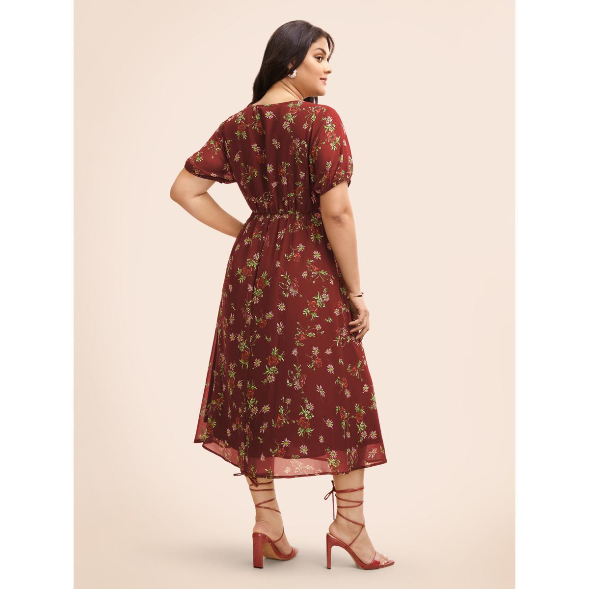 Plus Size Floral Notched Chiffon Mesh Midi Dress Burgundy Women Elegant See through Notched collar Short sleeve Curvy BloomChic 12/L Product Image