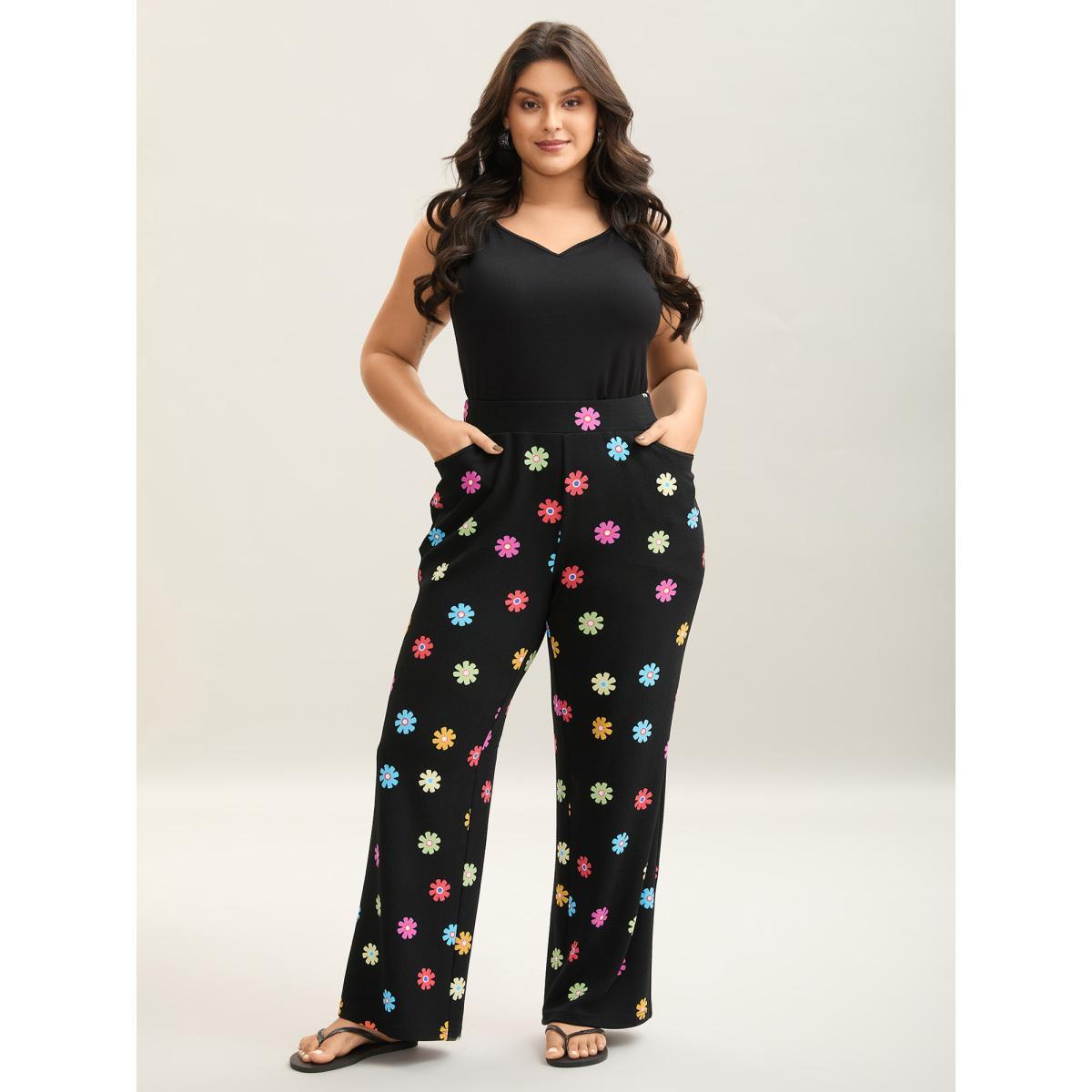 Plus Size Multi-Color Floral Print Flared Pants Women BlackFlower Elegant Bodycon Mid Rise Everyday Pants BloomChic 30/6X Product Image