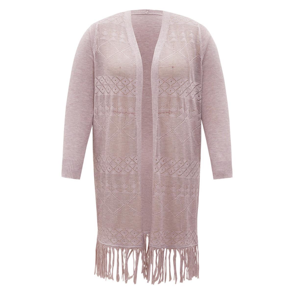 Plus Size Geometric Eyelet Fringe Trim Open Front Cardigan WhiteSmoke Women Casual Loose Long Sleeve Dailywear Cardigans BloomChic 12/L Product Image