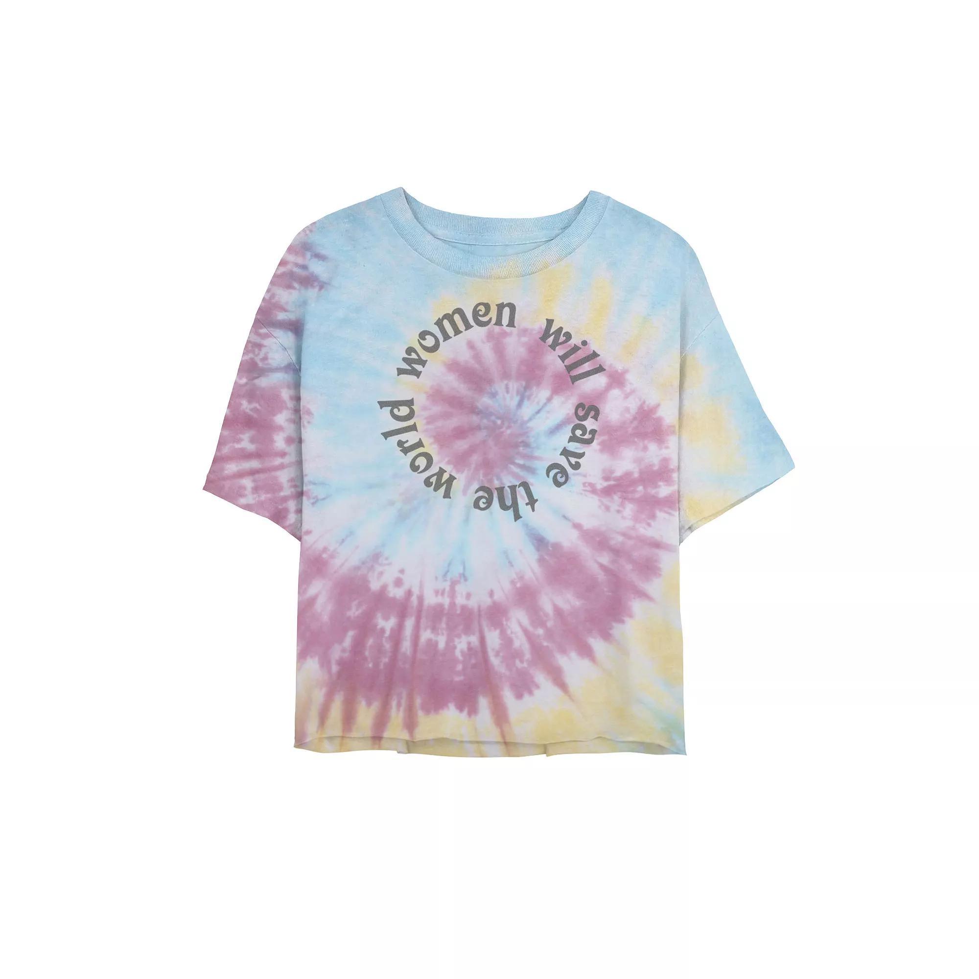 Juniors' "Women Will Save The World" Tie-Dye Cropped Tee, Girl's, Size: Small, Blue Pink Light Yellow Product Image