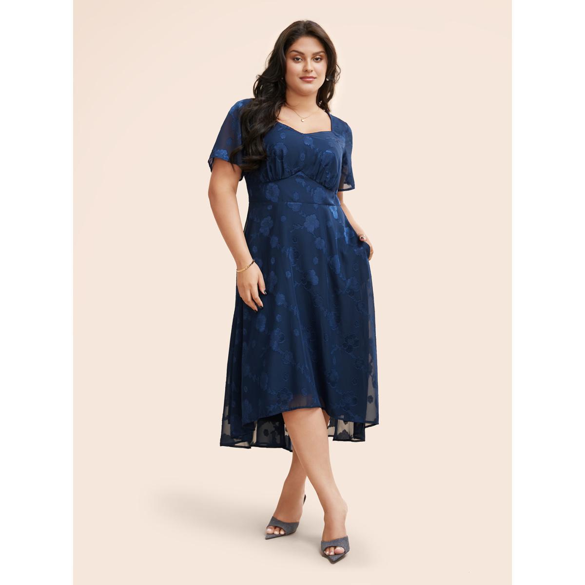 Plus Size Heart Neck Floral Mesh Textured Dress DarkBlue Women Elegant Texture Heart neckline Short sleeve Curvy BloomChic 30/6X Product Image