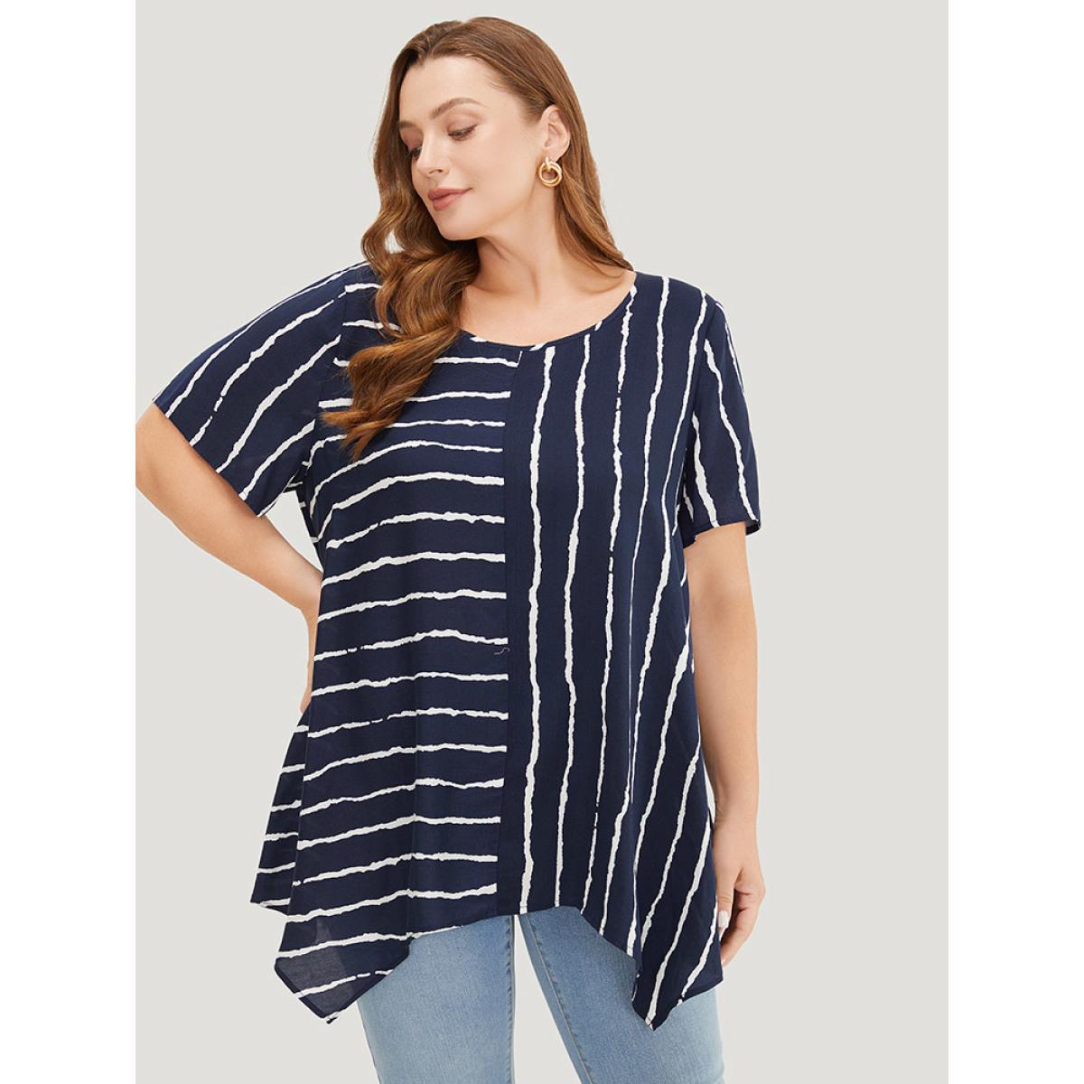 Plus Size Indigo Striped Patchwork Hanky Hem Blouse Women Office Short sleeve Round Neck Dailywear Blouses BloomChic 18-20/2X Product Image