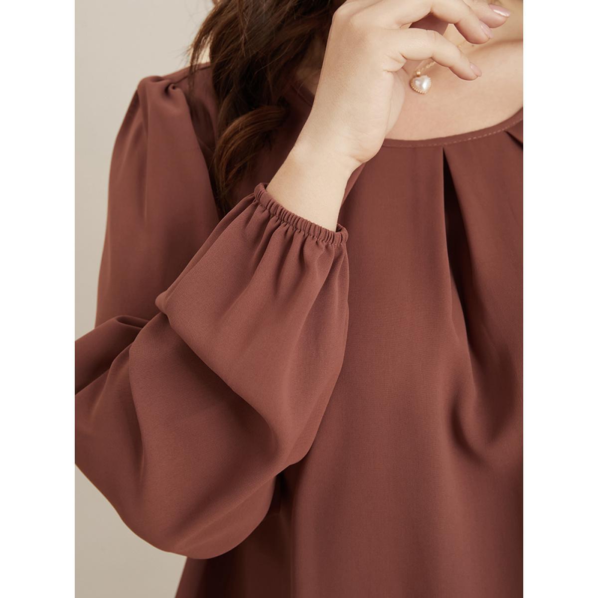 Plus Size DustyPink Solid Round Neck Pleated Lantern Sleeve Blouse Women Elegant Long Sleeve Round Neck Dailywear Blouses BloomChic 12/L Product Image
