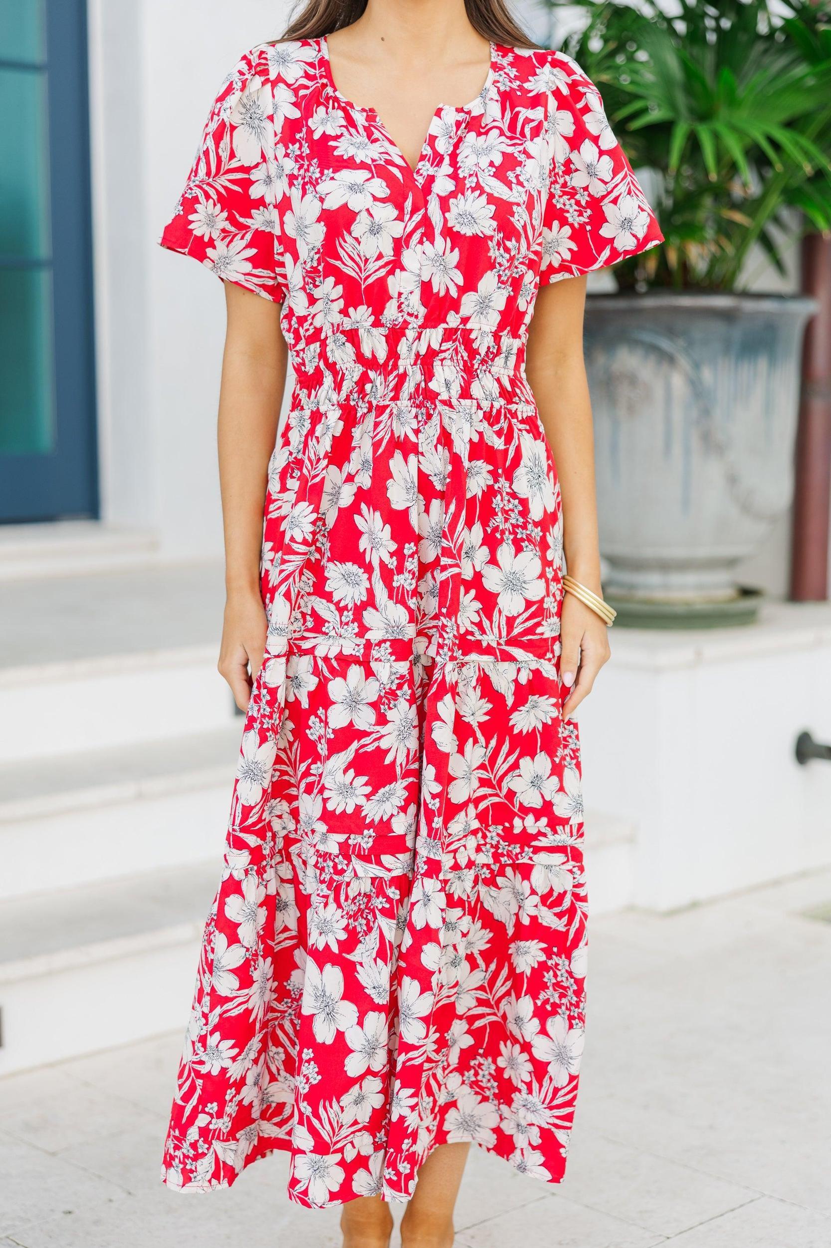 It's In The Air Red Floral Tiered Midi Dress Female Product Image