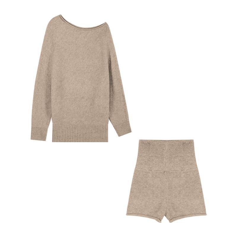 Set: Off-Shoulder Plain Oversized Sweater + High Waist Knit Hot Pants Product Image