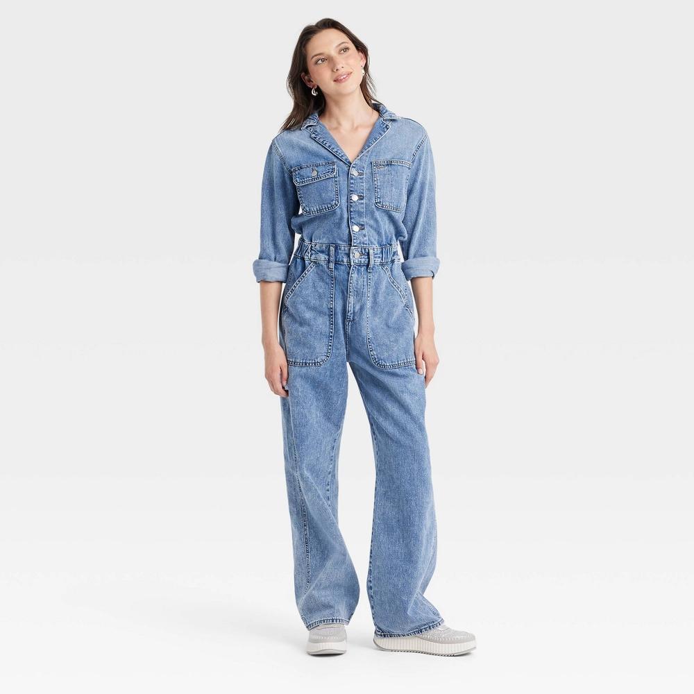 Women's Long Sleeve Utility Baggy Denim Jumpsuit - Universal Thread™ Medium Wash 00 Product Image