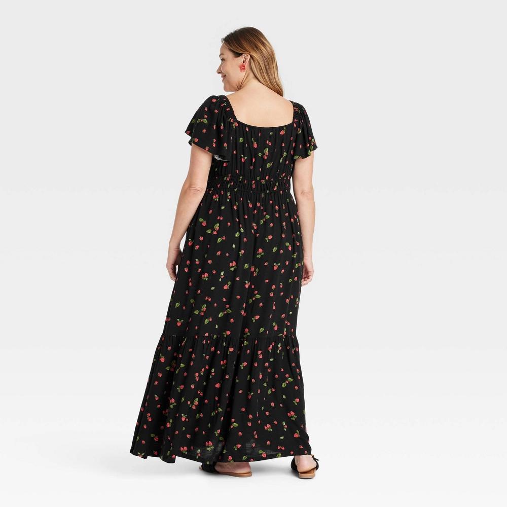 Womens Flutter Short Sleeve Tiered Maxi Empire Waist Dress - Ava & Viv Black Strawberries 1X Product Image