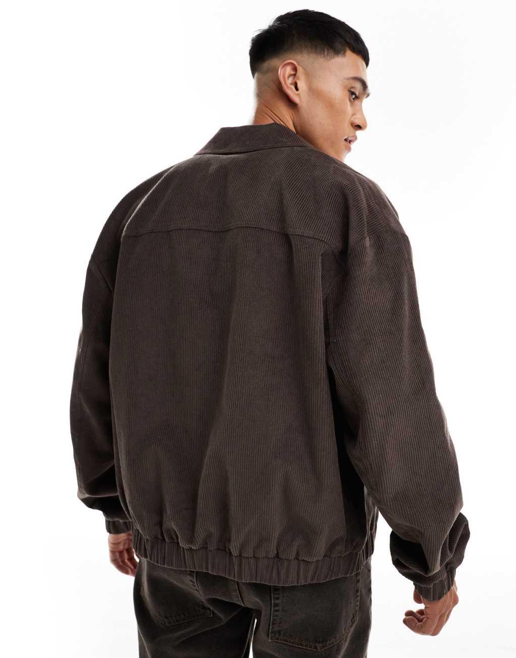 ASOS DESIGN oversized cord harrington jacket in brown Product Image