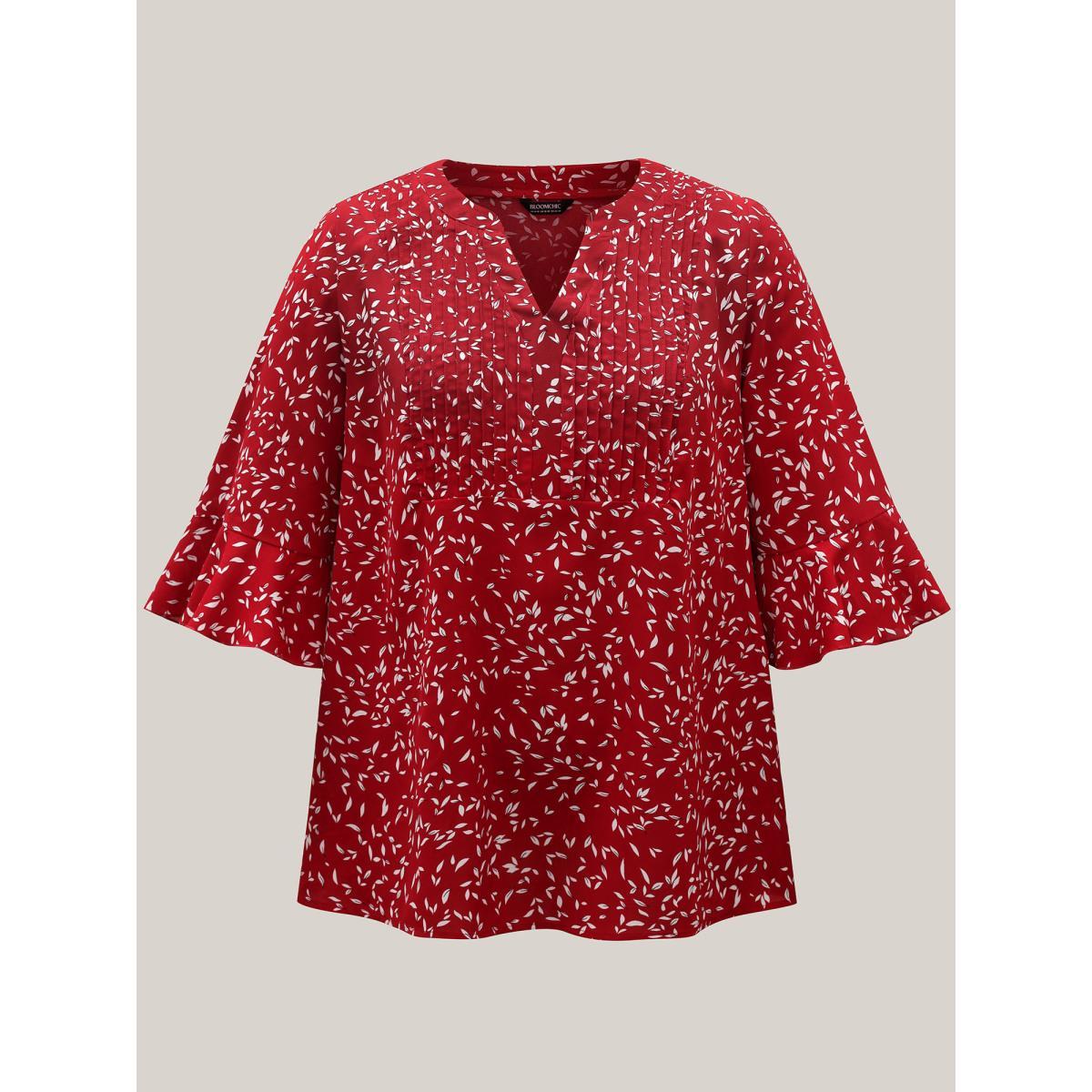 Plus Size Raspberry Toothpick Pleat Floral Notched Collar Shirt Women Elegant Elbow-length sleeve Notched collar Everyday Blouses BloomChic 18-20/2X Product Image