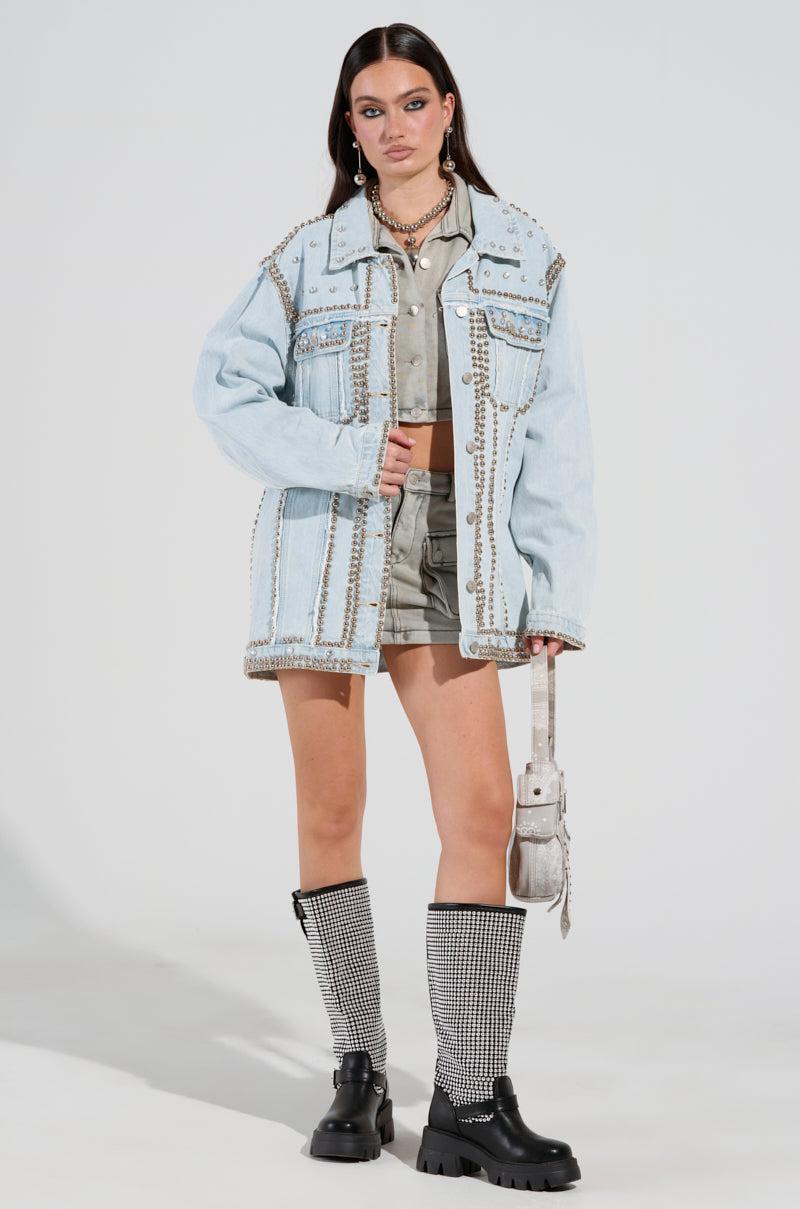 GAME TIME EMBELLISHED LONGLINE DENIM JACKET Product Image