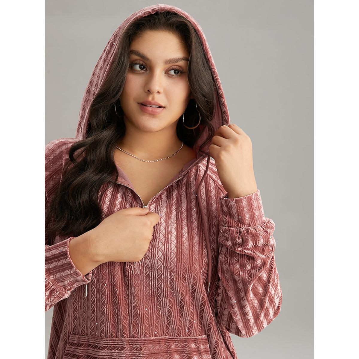 Plus Size Textured Sequin Velvet Half Zip Pocket Sweatshirt Women DustyPink Casual Velvet Hooded Everyday Sweatshirts BloomChic 26/4X Product Image