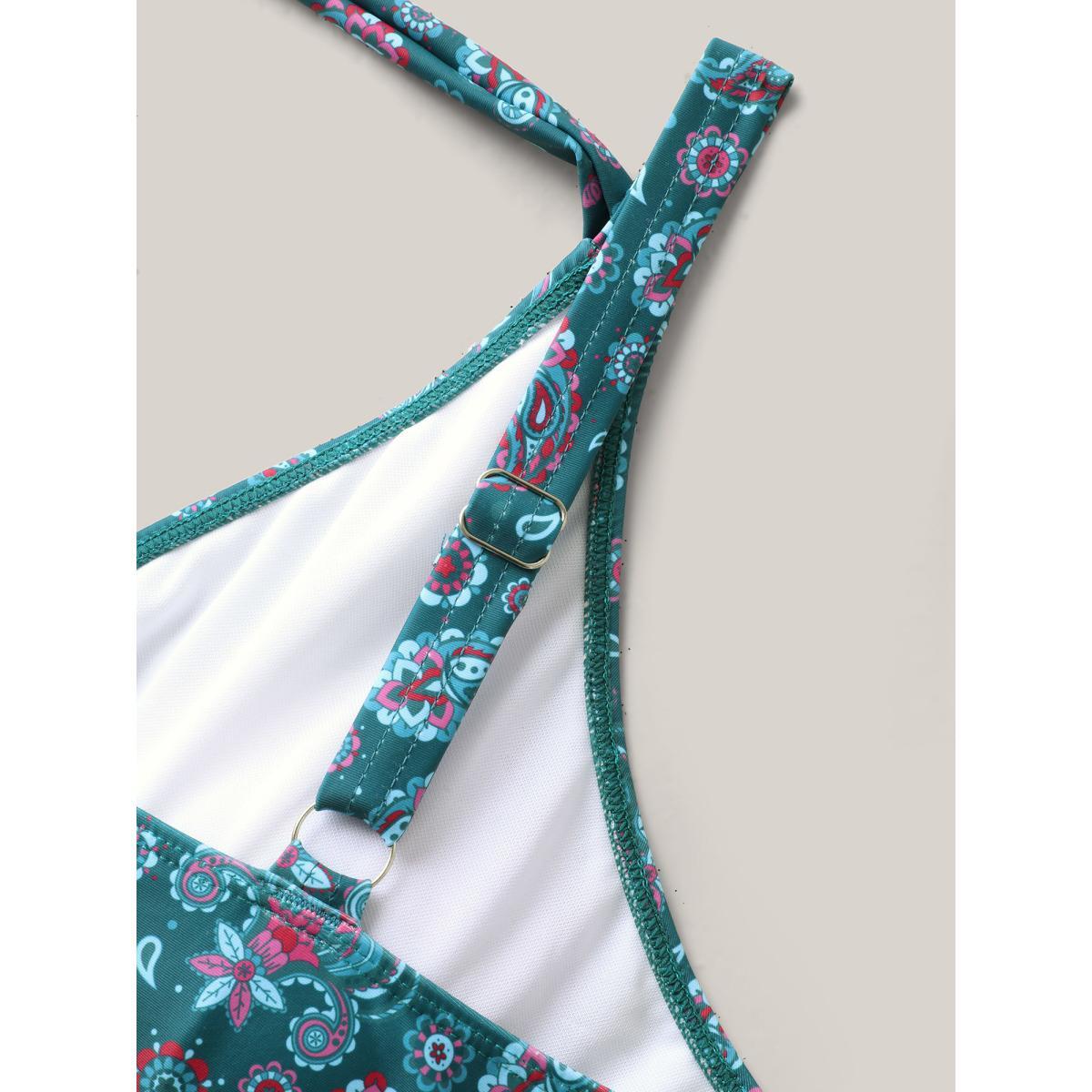 Plus Size Paisley Print Anti Float Tie One-Piece Swimsuit Women's Swimwear Teal Beach Bodycon Overlap Collar High stretch Curve Swim Dresses BloomChic 26/4X Product Image