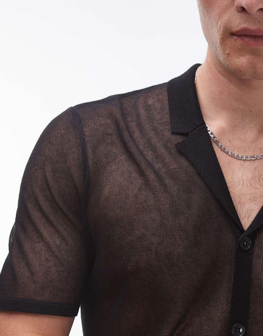Topman sheer knitted polo in black Product Image