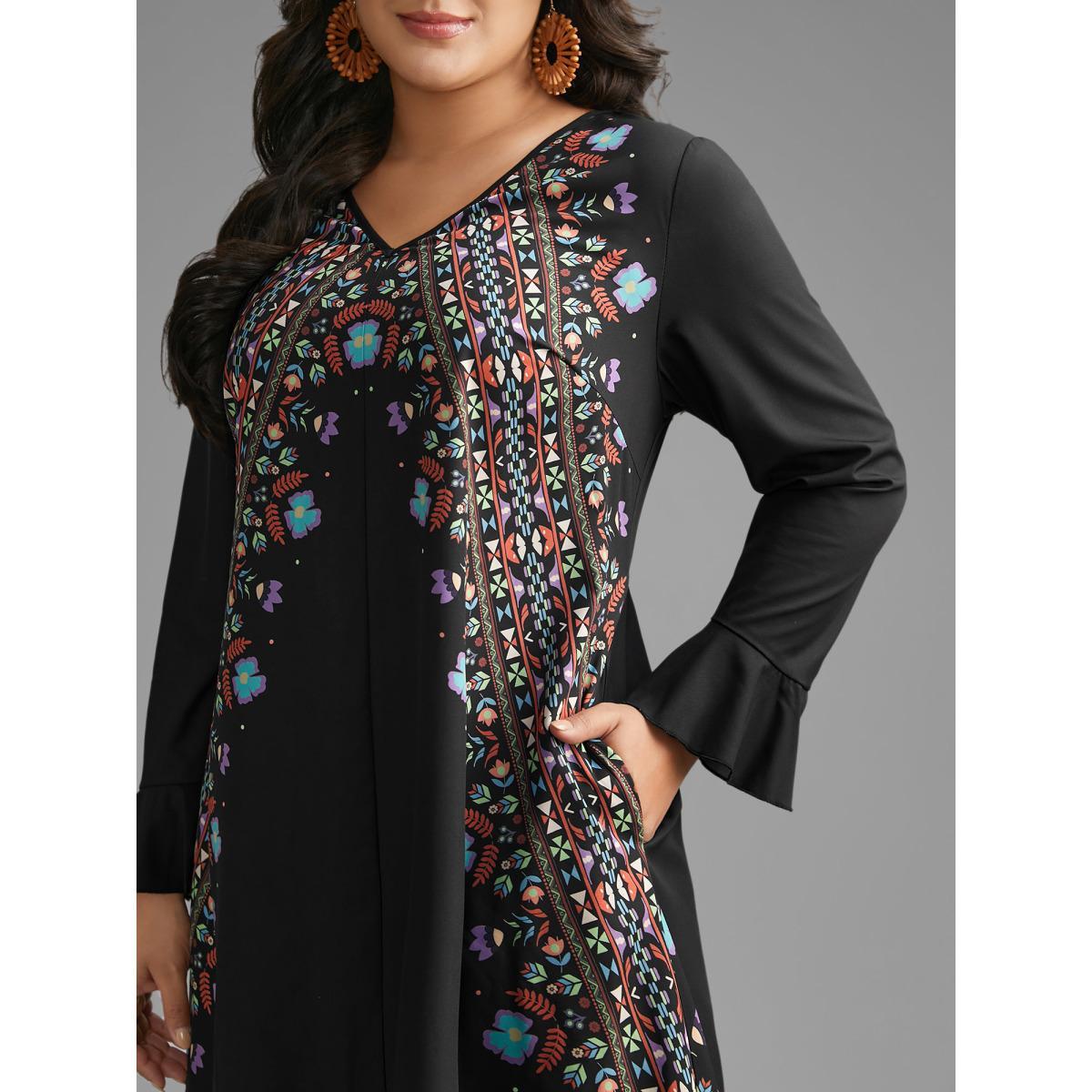Plus Size Boho Print Ruffle Sleeve Midi Dress Black Women Resort Ruffles V-neck Long Sleeve Curvy BloomChic 26/4X Product Image