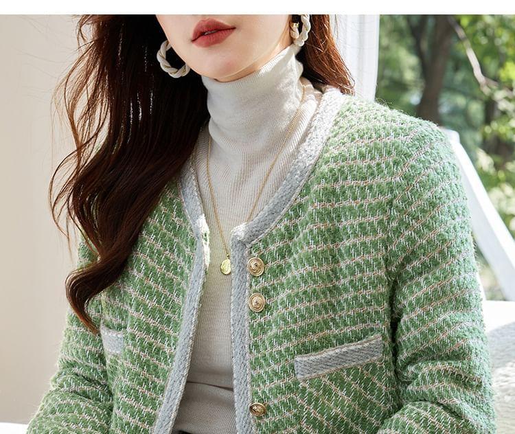 Round Neck Patterned Cropped Tweed Button Jacket Product Image
