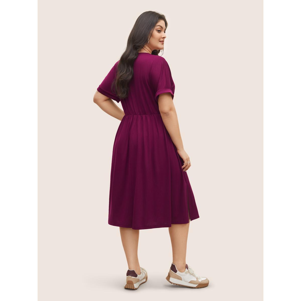 Plus Size Supersoft Essentials Solid Pocket Cuffed Sleeve Dress RedViolet Women Basics Non Round Neck Short sleeve Curvy Midi Dress BloomChic 14-16/1X Product Image