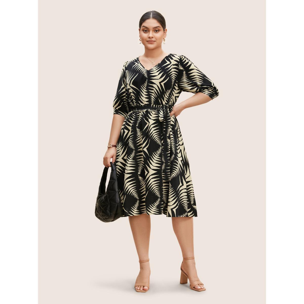 Plus Size V Neck Geometric Belted Lantern Sleeve Dress Black Women At the Office Belted V-neck Half Sleeve Curvy BloomChic 28/5X Product Image