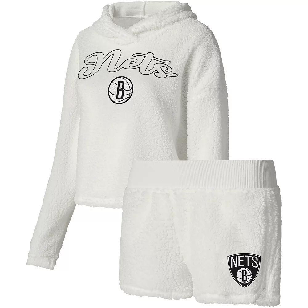 Women's College Concepts Cream Brooklyn Nets Fluffy Long Sleeve Hoodie T-Shirt & Shorts Sleep Set, Size: Large, White Product Image