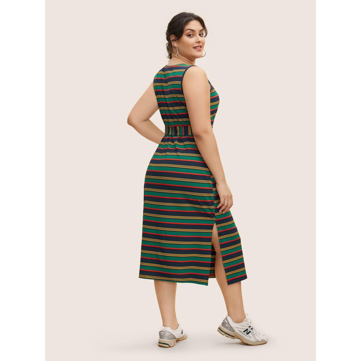 Plus Size Contrast Striped Embroidered Patch Split Side Dress Multicolor Women Casual Belted Round Neck Sleeveless Curvy BloomChic 22-24/3X Product Image