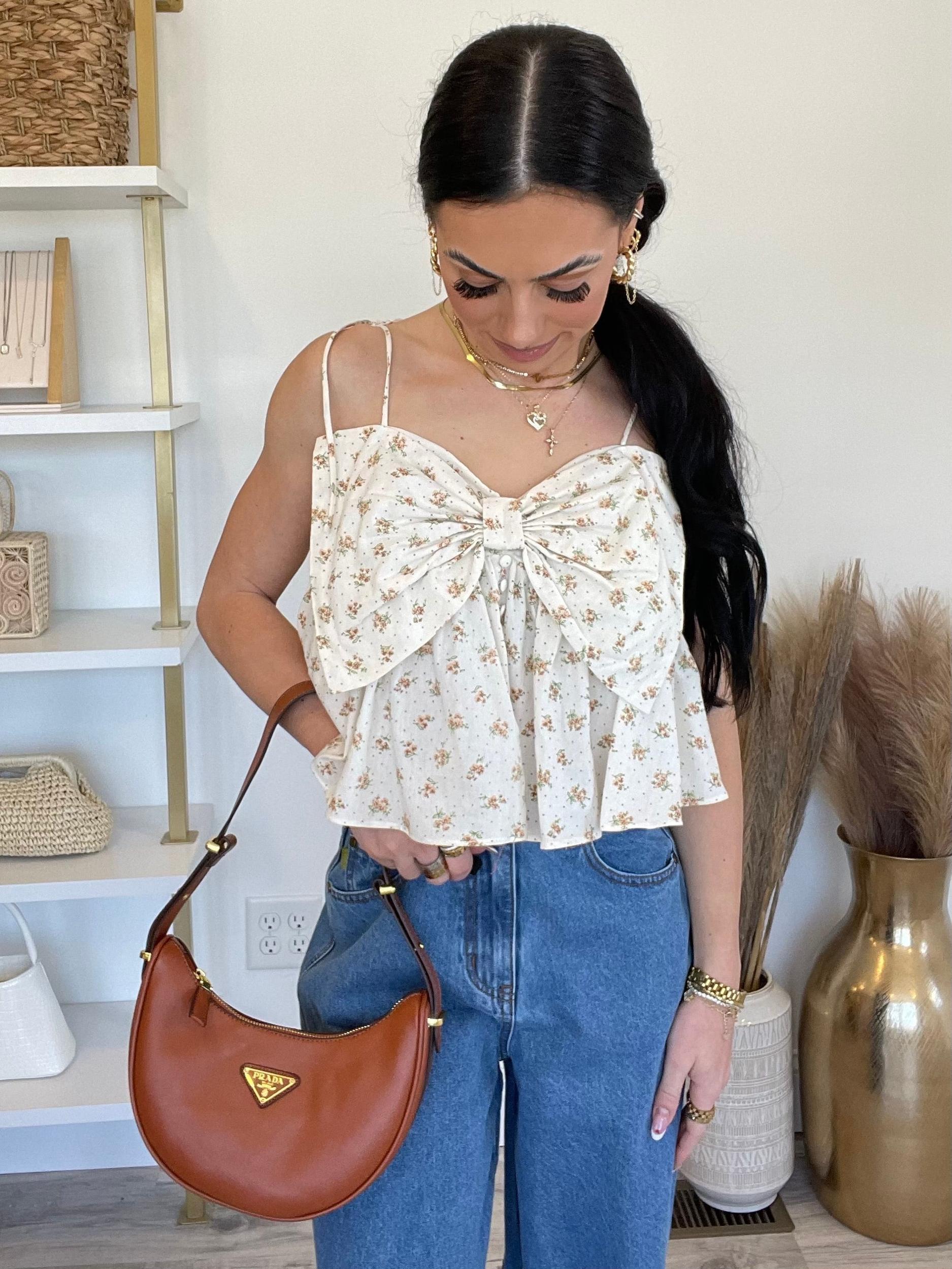 Bonjour Floral Bow Top | Cream Floral Product Image