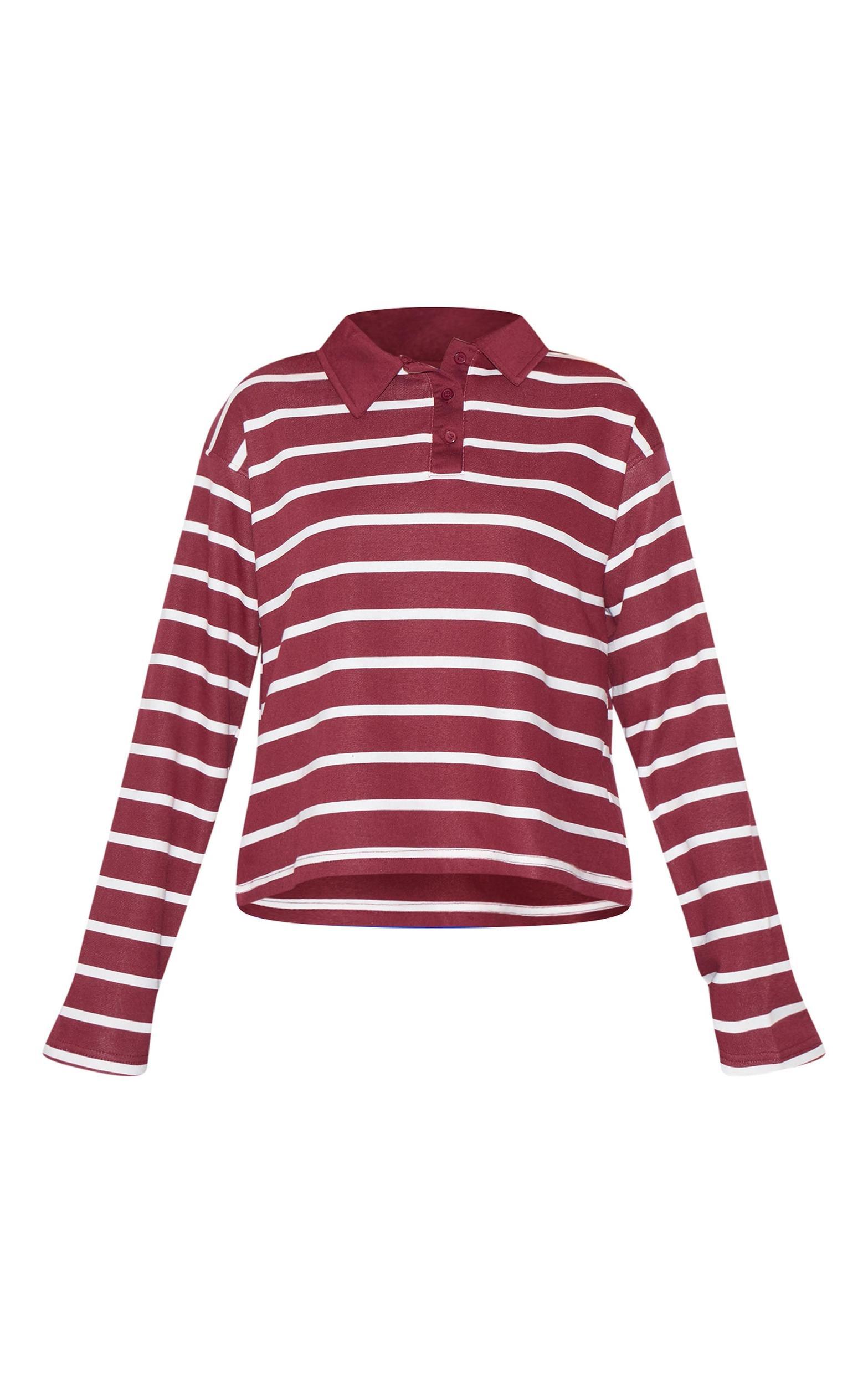 Burgundy Striped Cotton Long Sleeve Collared T Shirt Product Image
