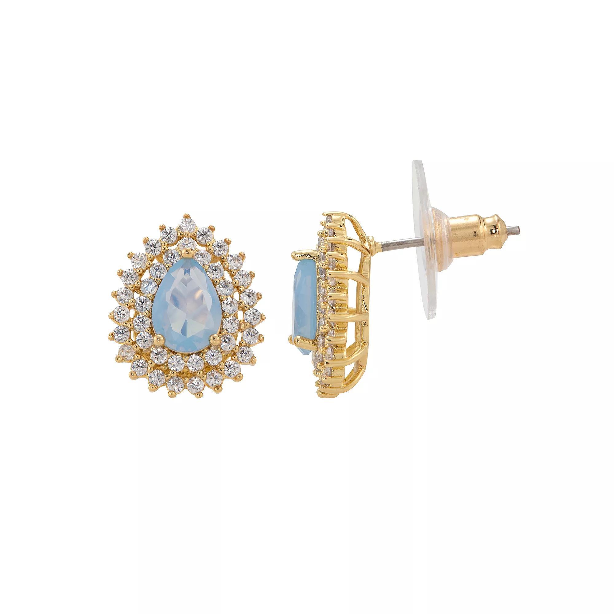 Brilliance Gold Tone Cubic Zirconia & Blue Crystal Pear Halo Stud Earrings, Women's, Gold Tone Blue Product Image