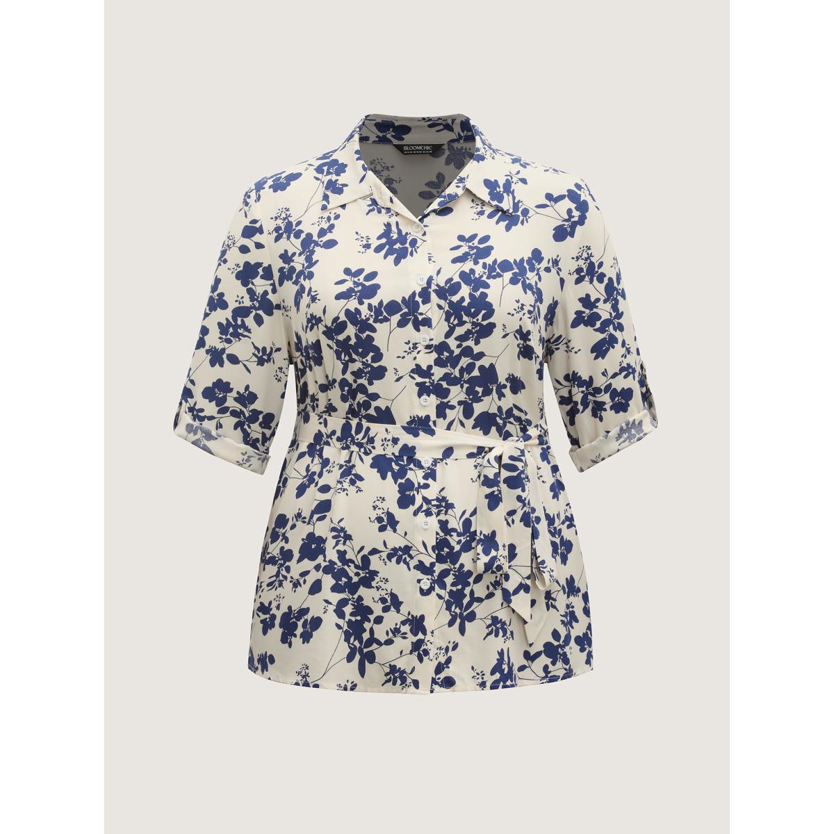 Plus Size DarkBlue Floral Print Waist-Tie Button Blouse Women Elbow-length sleeve Shirt collar Work Blouses BloomChic 18-20/2X Product Image