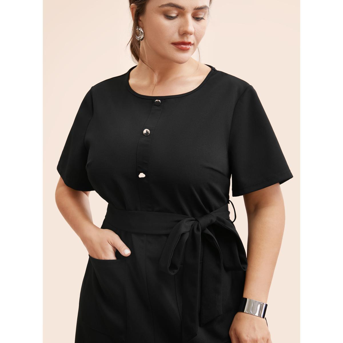 Plus Size Crew Neck Metal Button Detail Belted Dress Black Women At the Office Belted Round Neck Short sleeve Curvy BloomChic 14-16/1X Product Image