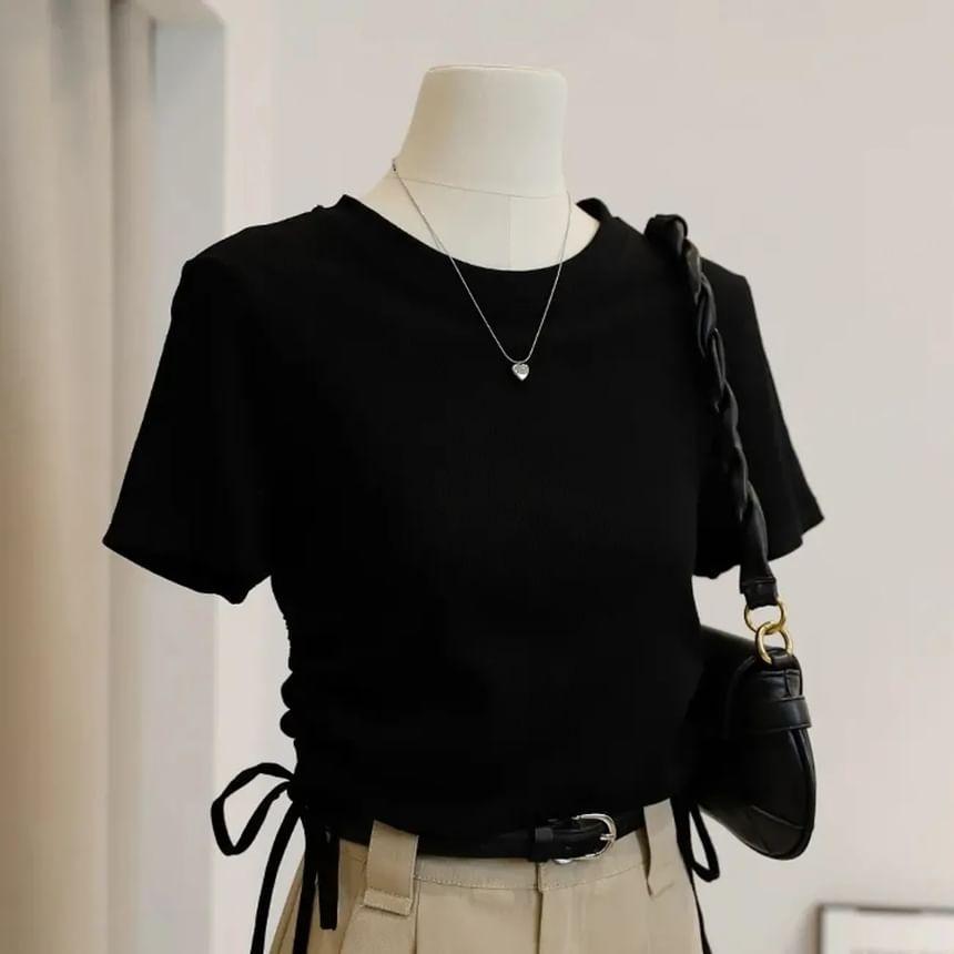 Short-Sleeve Crew Neck Plain Lace Up T-Shirt Product Image