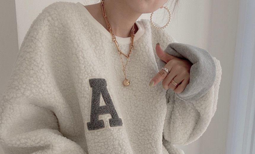 Round Neck Letter Embroidered Faux Shearling Oversized Sweatshirt Product Image