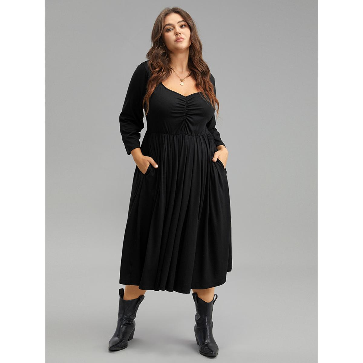 Plus Size Supersoft Essentials Square Neck Ruched Dress Black Women Casual Gathered Square Neck Elbow-length sleeve Curvy Midi Dress BloomChic 14-16/1X Product Image