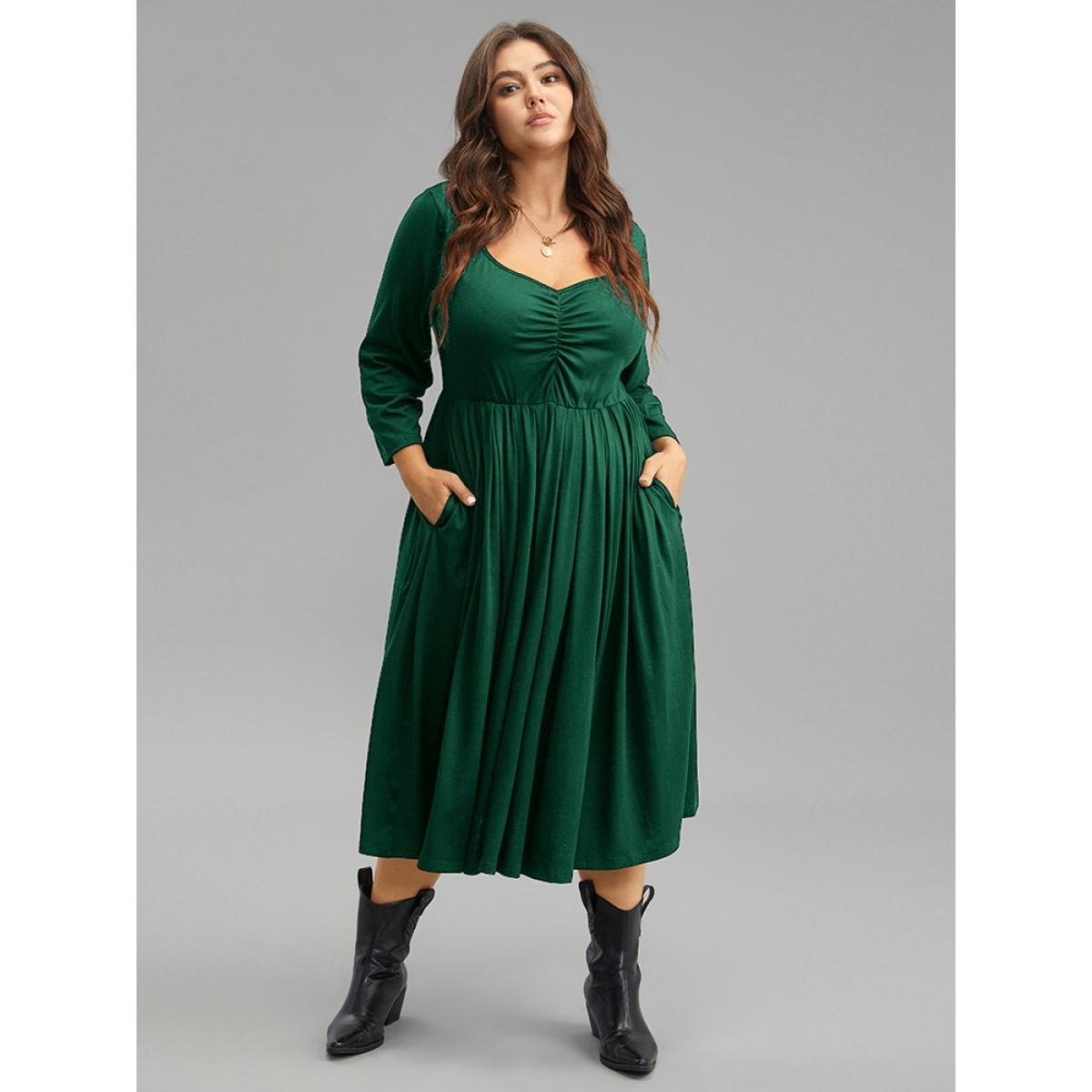 Plus Size Supersoft Essentials Square Neck Ruched Dress DarkGreen Women Casual Gathered Square Neck Elbow-length sleeve Curvy Midi Dress BloomChic 26/4X Product Image