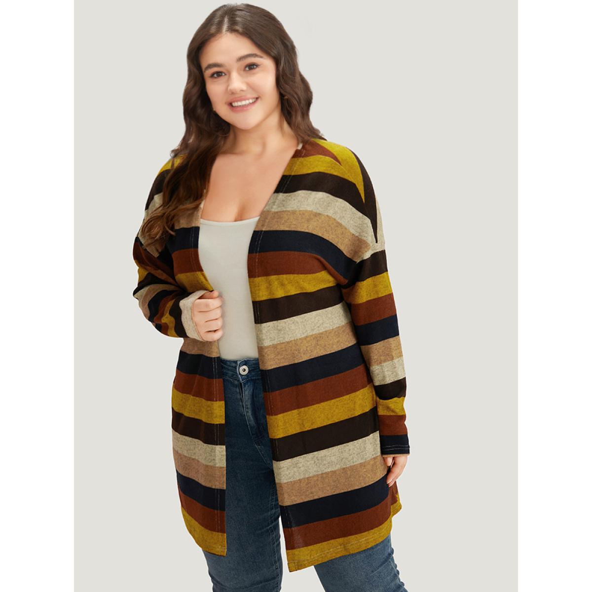 Plus Size Striped Contrast Open Front Kimono Women DarkBrown Casual Contrast Dailywear Kimonos BloomChic 22-24/3X Product Image