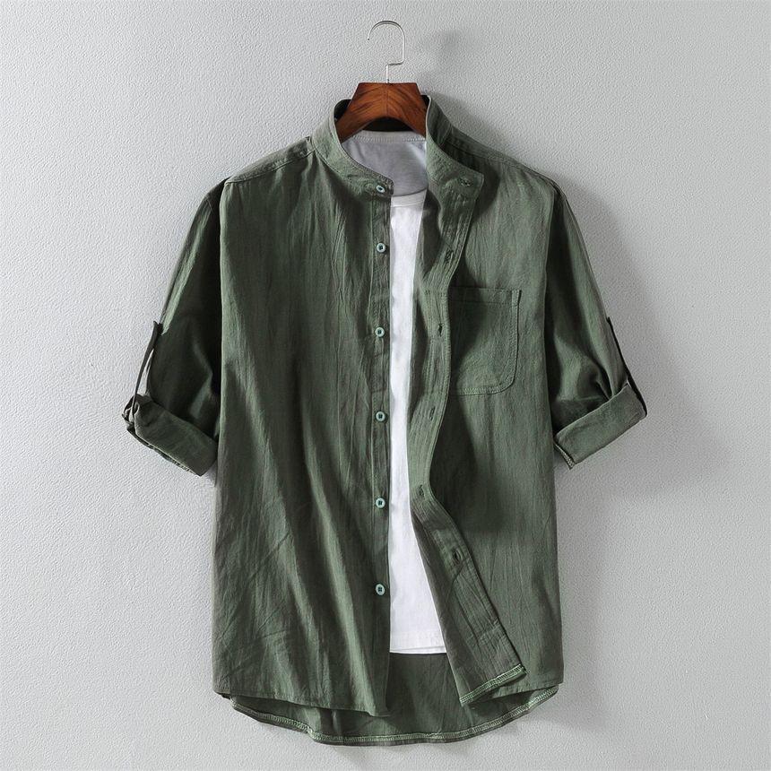 Elbow-Sleeve Stand Collar Linen Plain Shirt Product Image