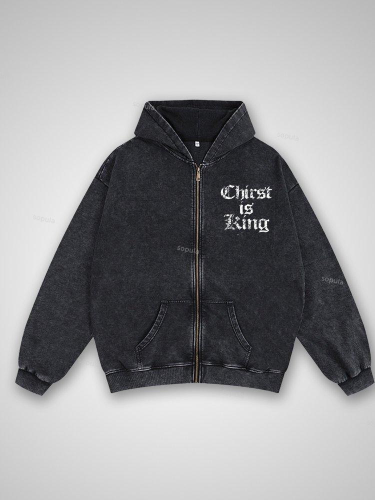 Vintage Chirst Is King Washed Zip-up Hoodie Product Image