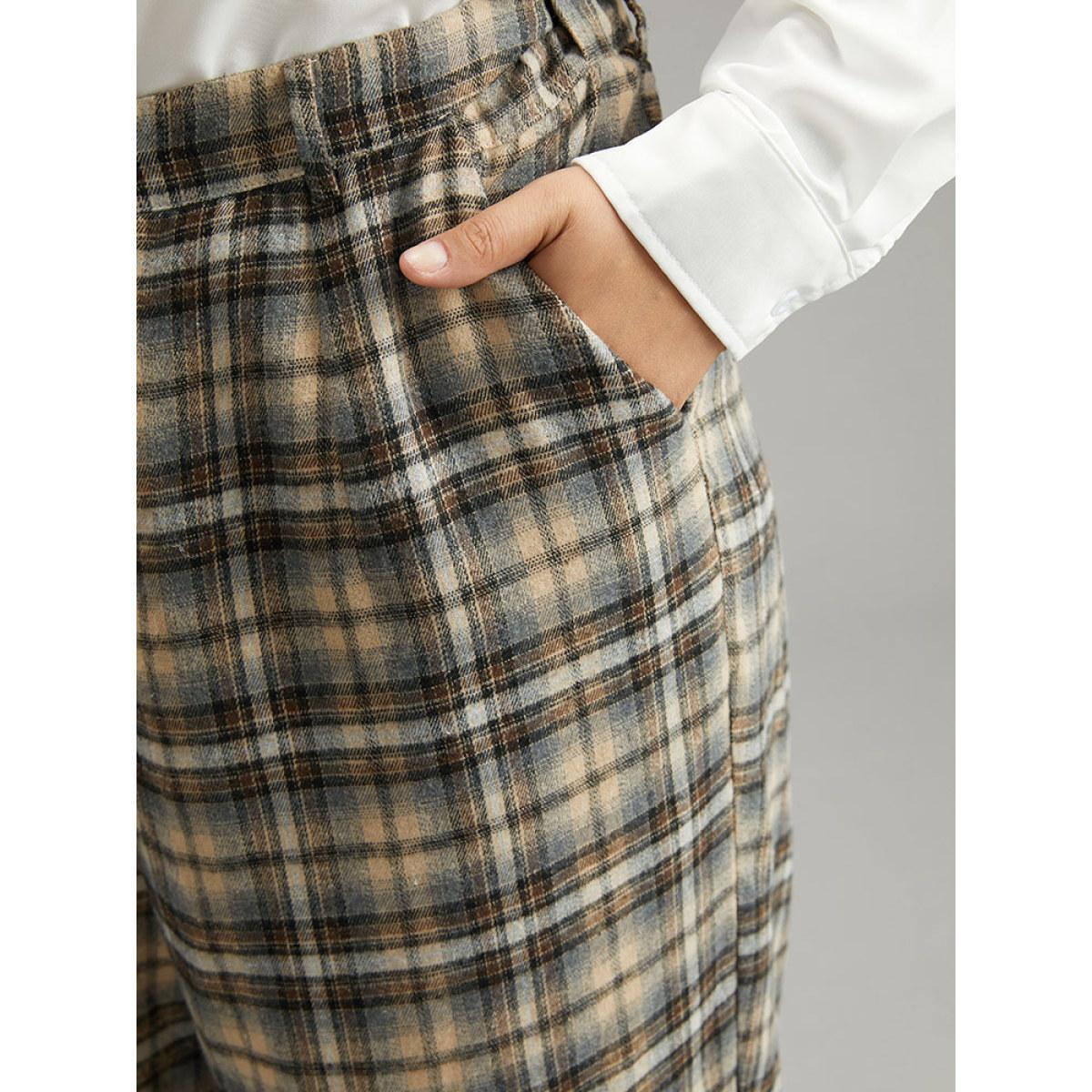 Plus Size Plaid Button Detail Straight Leg Pants Women LightBrown Office Straight Leg High Rise Work Pants BloomChic 26/4X Product Image