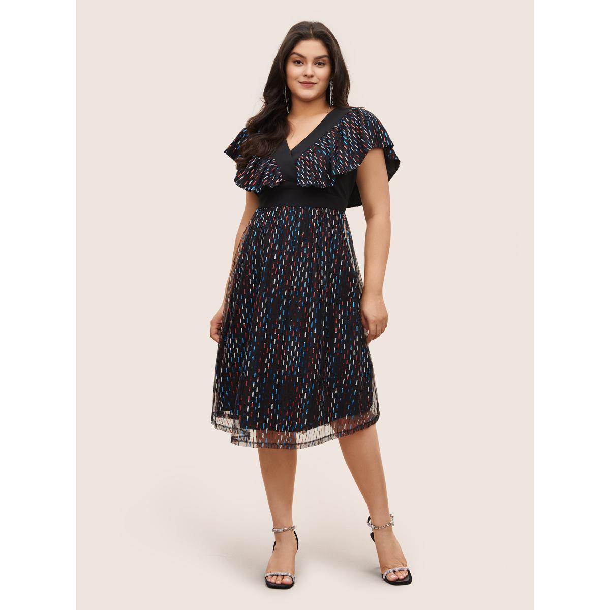 Plus Size Sequin Patchwork Pocket Flutter Cap Sleeve Dress Black Women Cocktail See through V-neck Cap Sleeve Curvy Midi Dress BloomChic 30/6X Product Image