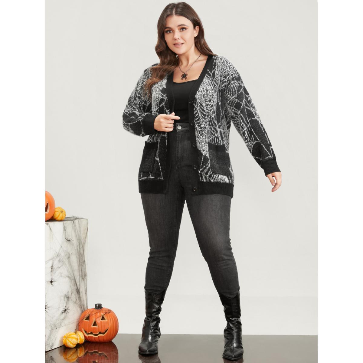 Plus Size Spider Web Plush Knit Pocket Button Front Cardigan BlackFlower Women Elegant Loose Long Sleeve Dailywear Cardigans BloomChic 12/L Product Image