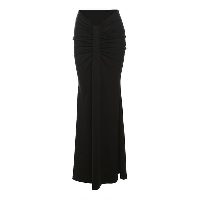 Long-Sleeve Mock Neck Plain Asymmetrical Lace Panel Cropped T-Shirt / Mid Waist Ruched Maxi Fishtail Skirt Product Image