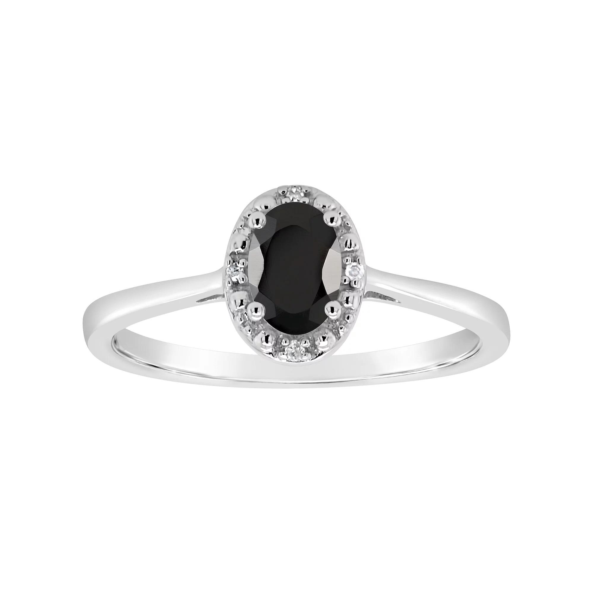 Celebration Gems Sterling Silver 6 mm x 4 mm Oval Onyx & Diamond Accent Halo Ring, Women's Product Image