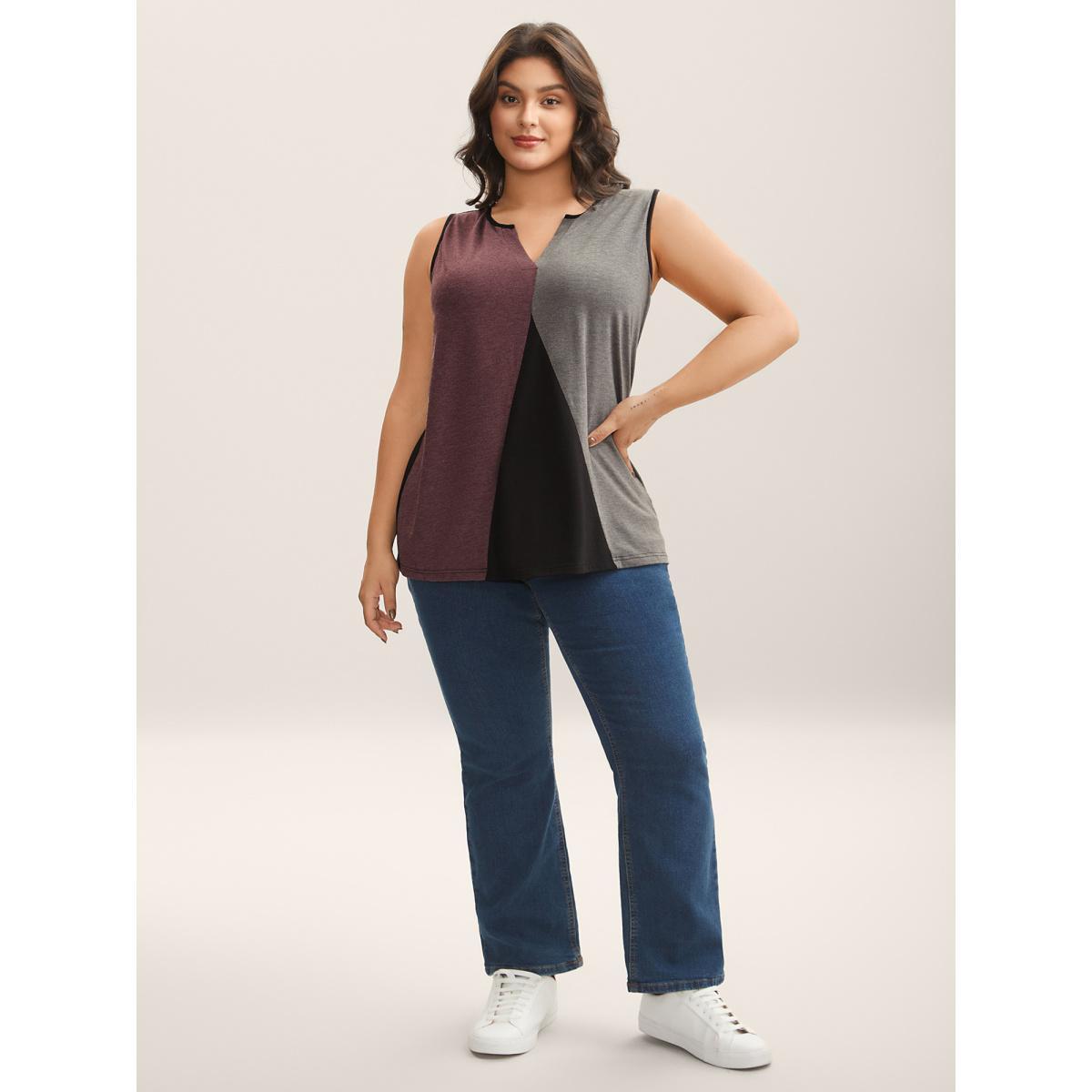 Plus Size Color Block Flowy Split Neck Tank Top Women Black Contrast Notched collar Everyday-Casual Tank Tops Camis BloomChic 26/4X Product Image